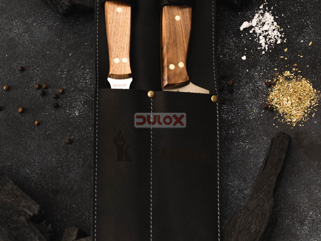 SET TENEDOR + CUCHILLO PARRILLERO FUNDA CUERO NEGRO / KG1901FCN